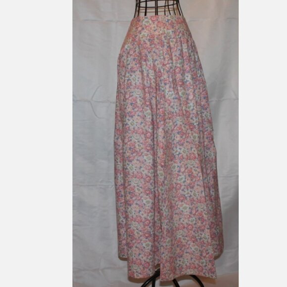 Pink Blue Floral Flared Skirt XS 26" Waist Cotton Blend Side Zipper Vintage 80's - Picture 14 of 15